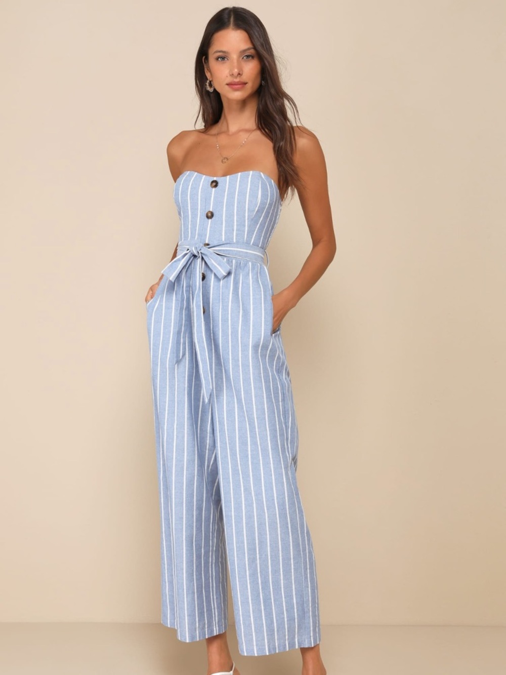 Lulu's Light Blue & White Strapless Button-Front Wide-Leg Jumpsuit